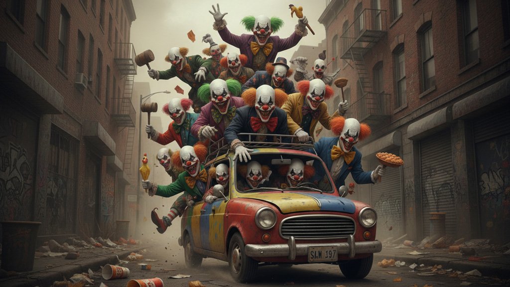 A clown car filled with menacing clowns driving down a dirty street